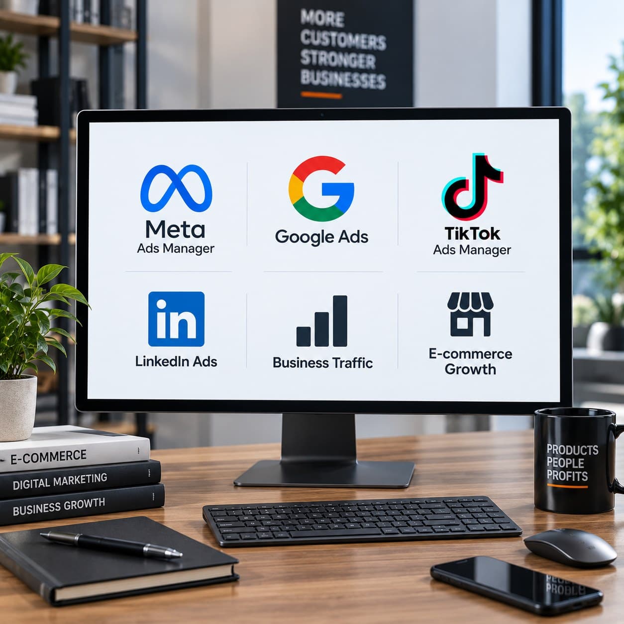 The advertising platforms used to bring traffic and enquiries to a business, shown on a desktop screen