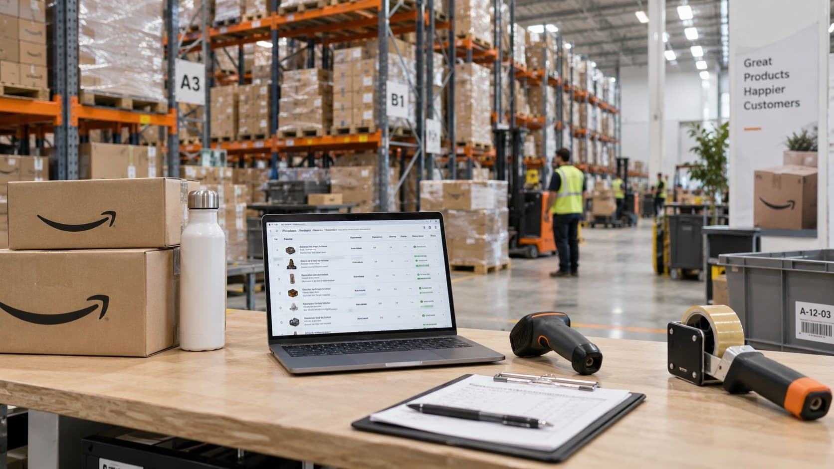 A packing bench in a fulfilment warehouse — cartons, a scanner and a laptop showing a product listing table, with racked stock behind
