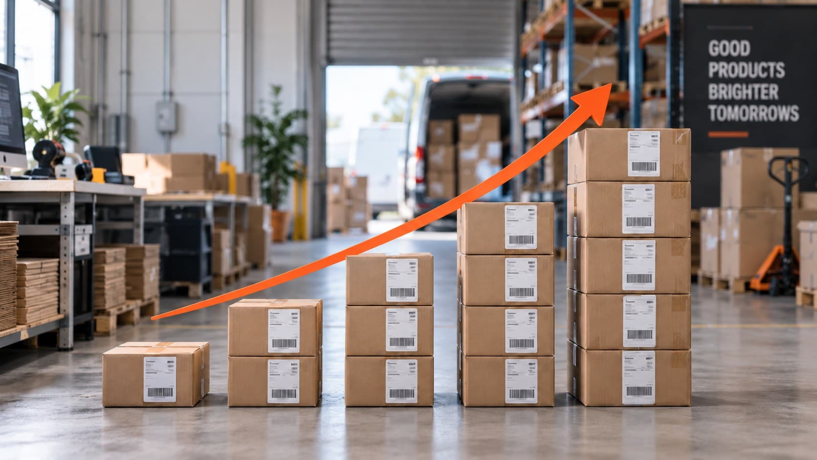 Stacks of labelled parcels rising across a warehouse floor with a delivery van at the loading door