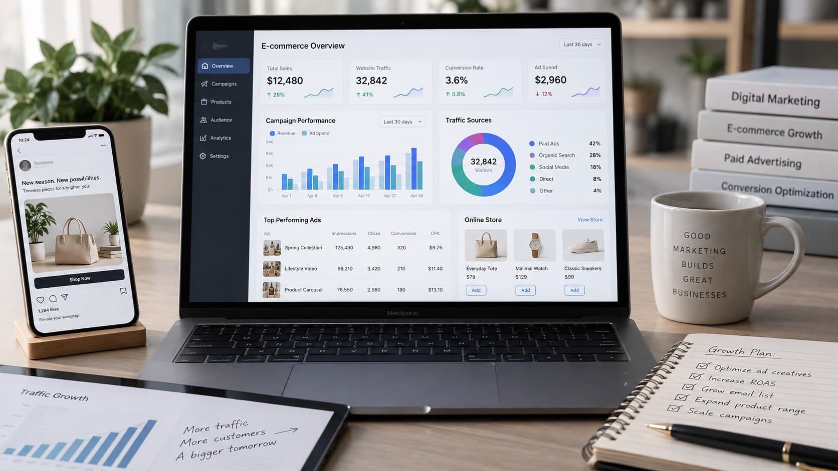 Ecommerce marketing at work — a laptop showing campaign performance and traffic sources beside a phone running a product ad