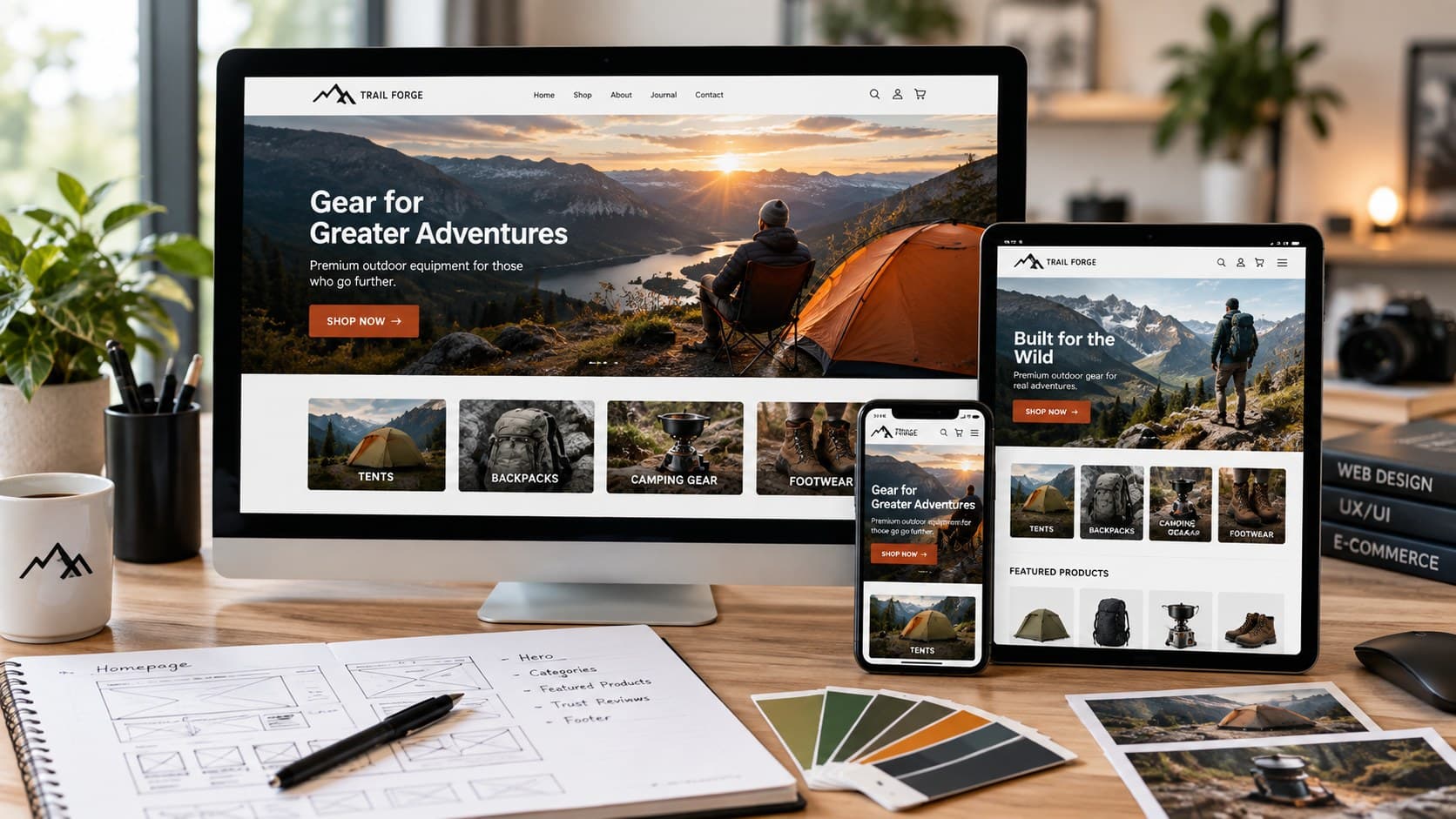 An ecommerce store design shown across desktop, tablet and phone, with layout sketches and a colour swatch fan on the desk