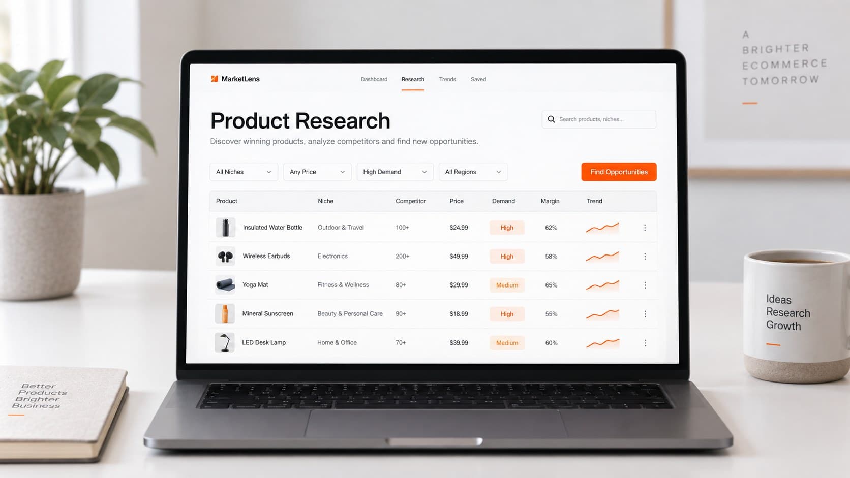 Product research on a laptop — a table of products with their niche, competitor count, price, demand and margin