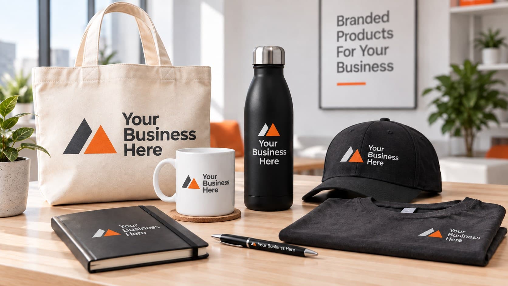 Branded promotional products on a desk — a tote bag, mug, drink bottle, cap, notebook, pen and tee, each carrying a placeholder logo