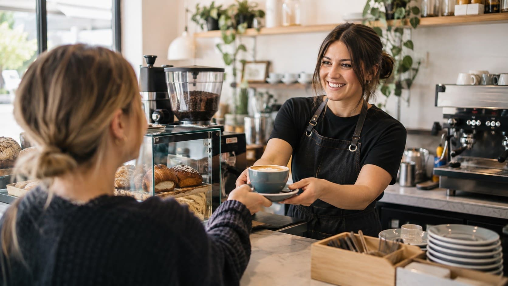 A café worker handing a coffee across the counter to a customer