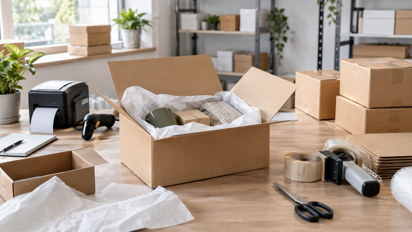 An order being packed on a bench — an open carton with tissue-wrapped goods, a label printer, scanner, tape gun and stacked cartons