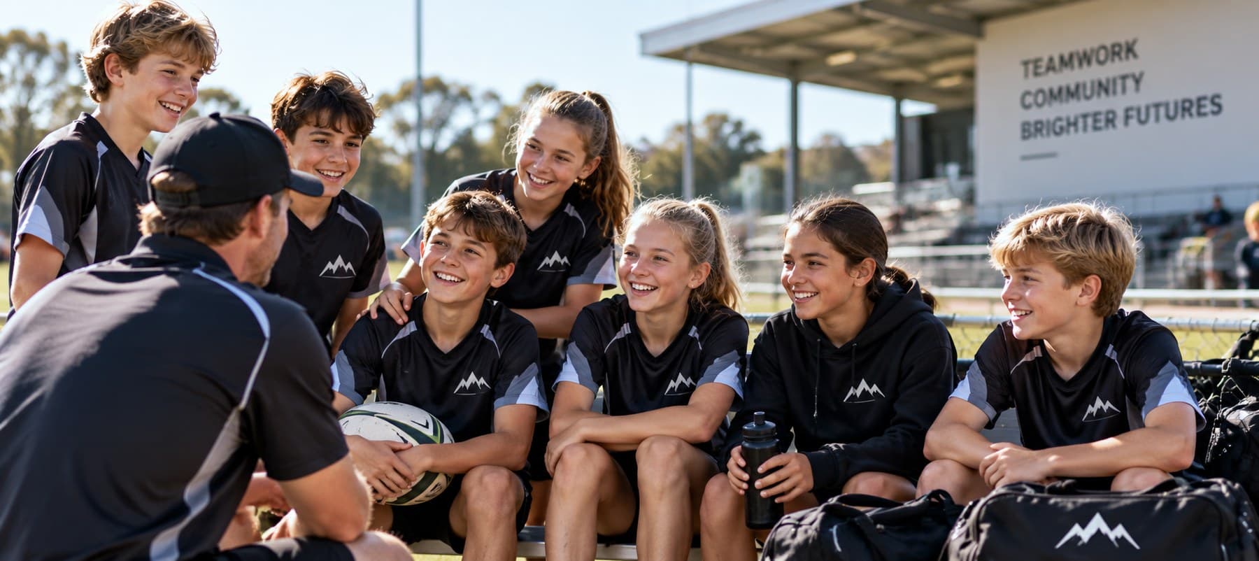 A junior sports team in matching club kit sitting with their coach beside the field, with branded kit bags and a drink bottle