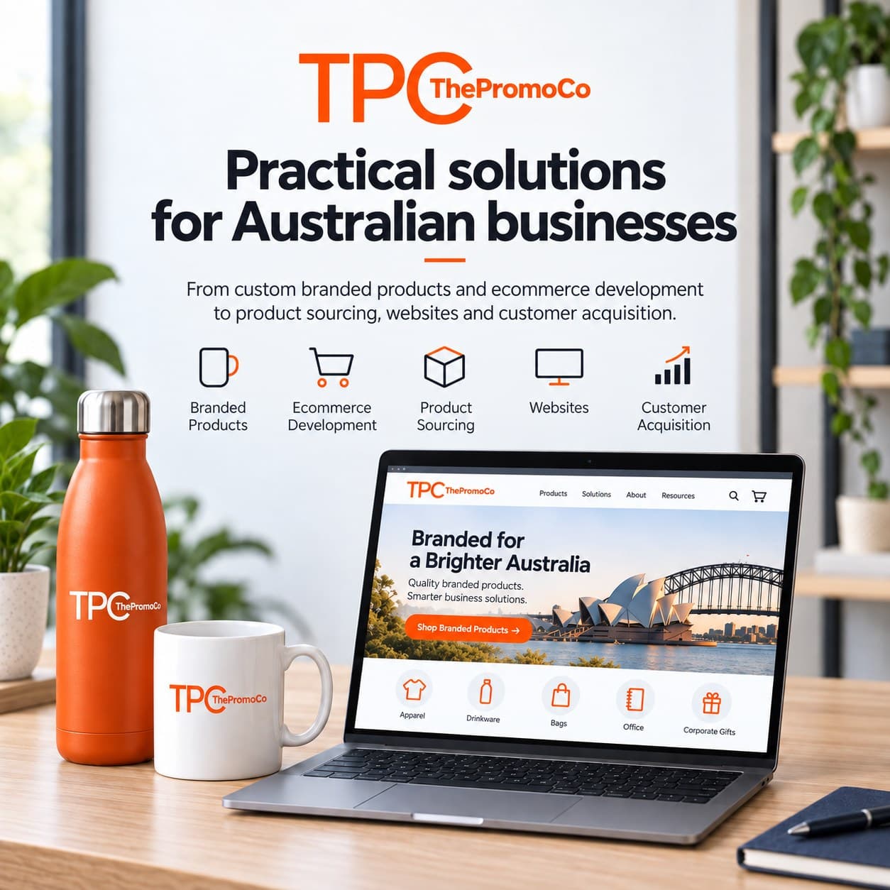 Branded drinkware beside a laptop showing an online store — the range of products, ecommerce and marketing work The Promo Co delivers