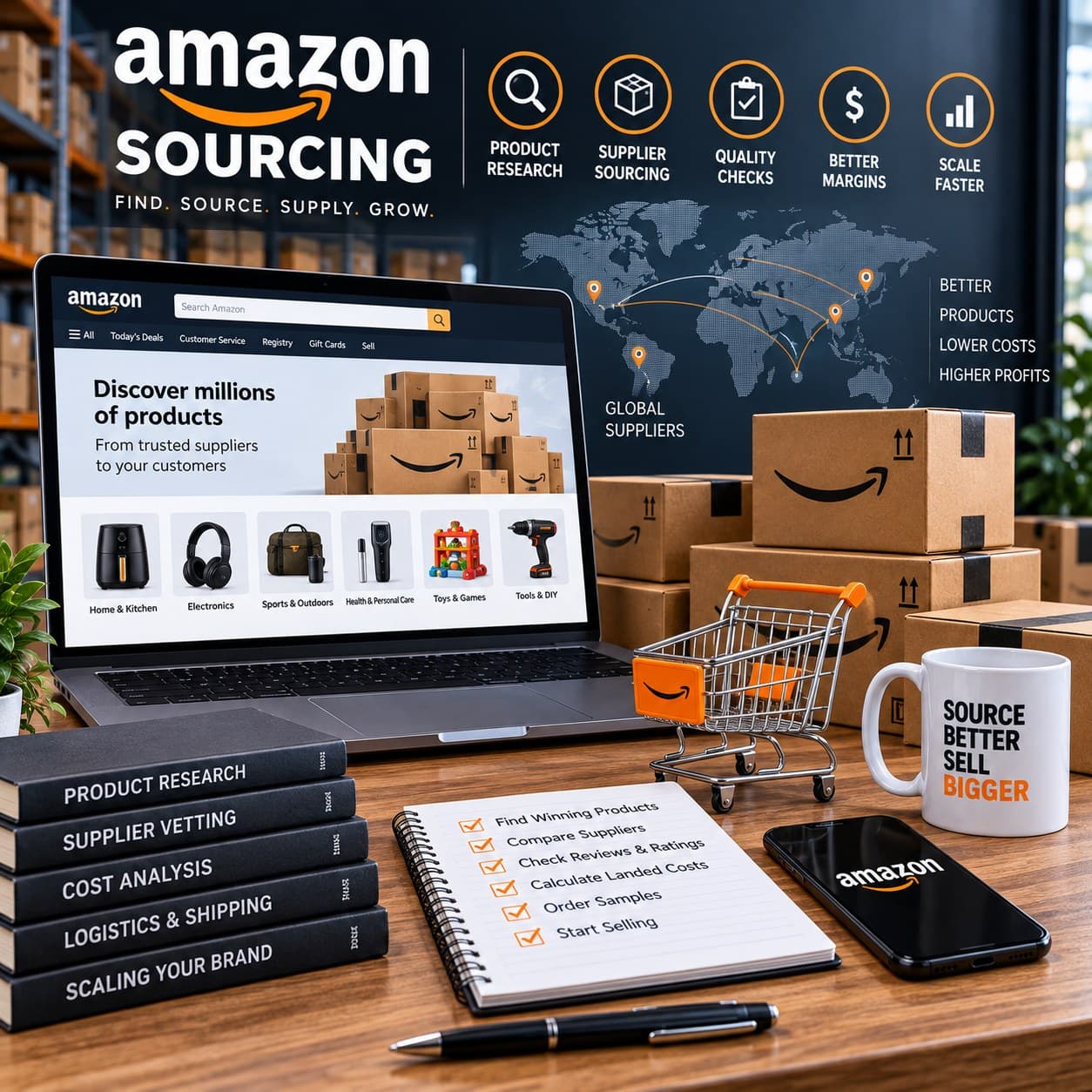 Product sourcing for Amazon — a laptop showing an online storefront, shipping cartons, and a checklist covering supplier comparison, reviews, landed costs and samples