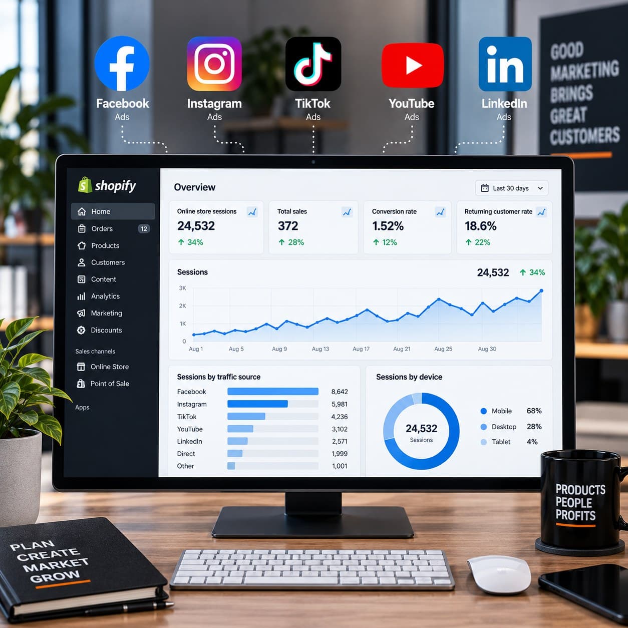 Ecommerce marketing — an online store analytics overview on a desktop screen, with the advertising platforms feeding traffic to it
