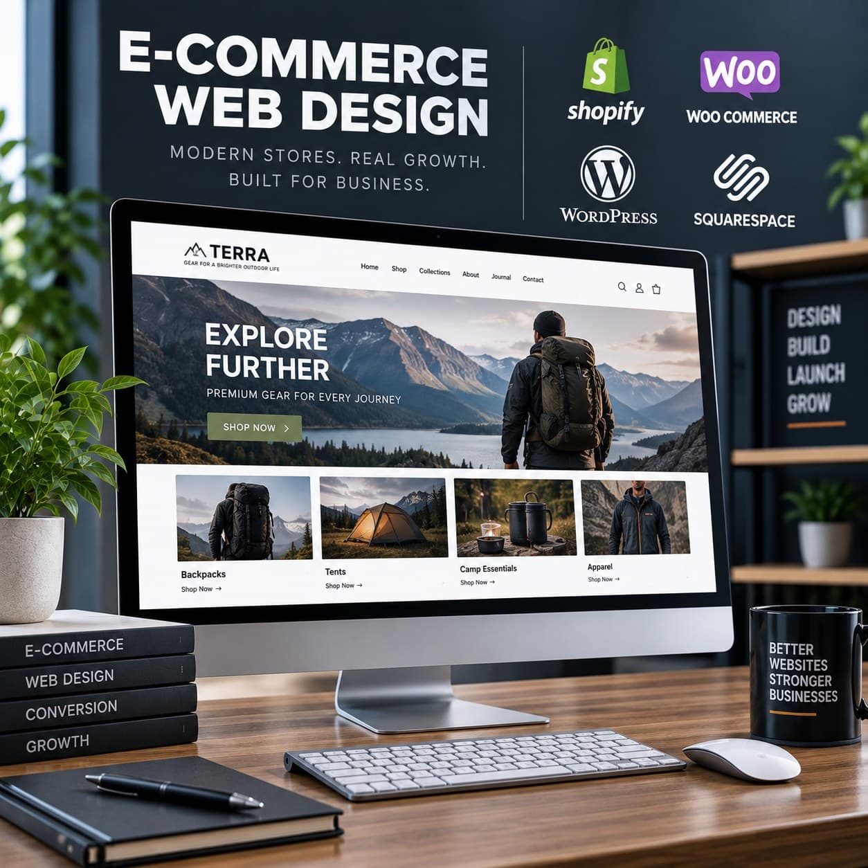 An ecommerce storefront design shown on a desktop screen — a homepage banner above a row of product collections
