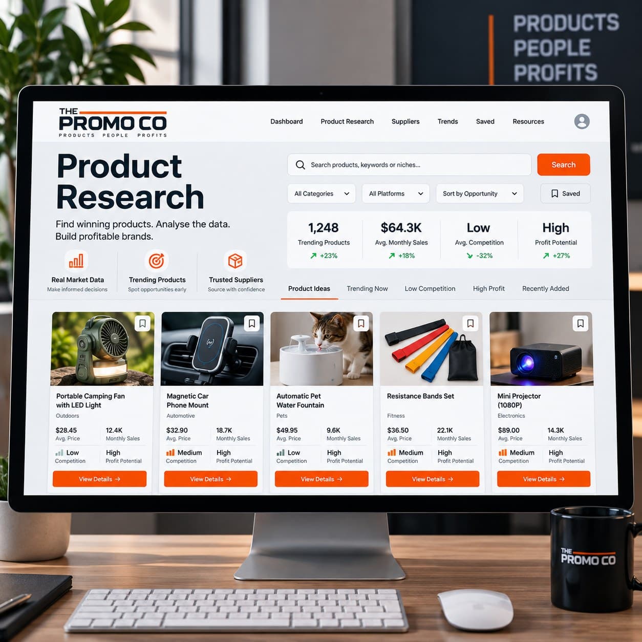 Product research shown on a desktop screen — product listings with category, pricing and demand detail