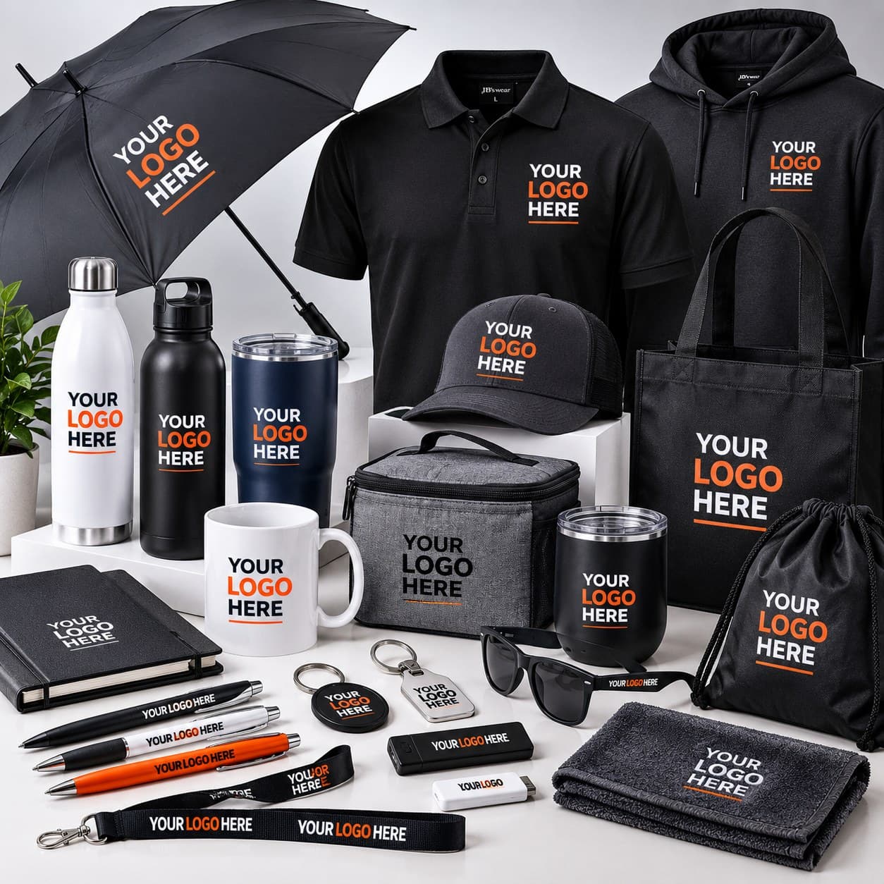 A range of branded promotional products — polo shirts, a hoodie, caps, drink bottles, tumblers, a mug, tote and drawstring bags, notebooks, pens and lanyards, each carrying a logo